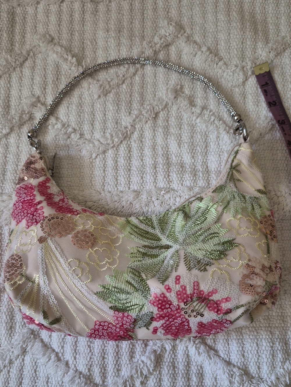 ADD On ! Floral Sequin Embroidered Rhinestone Strap Shoulder Bag - Pink & Green